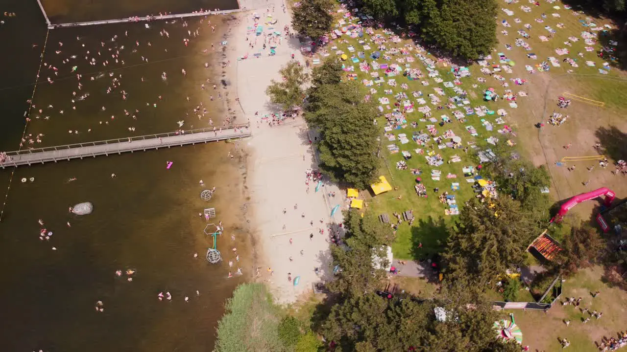 Big crowd enjoying summer weather at the local lake beach