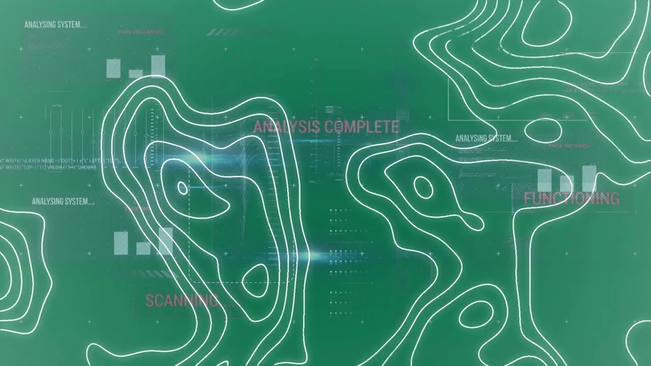 Animation of isohypses over digital screen with data on green background