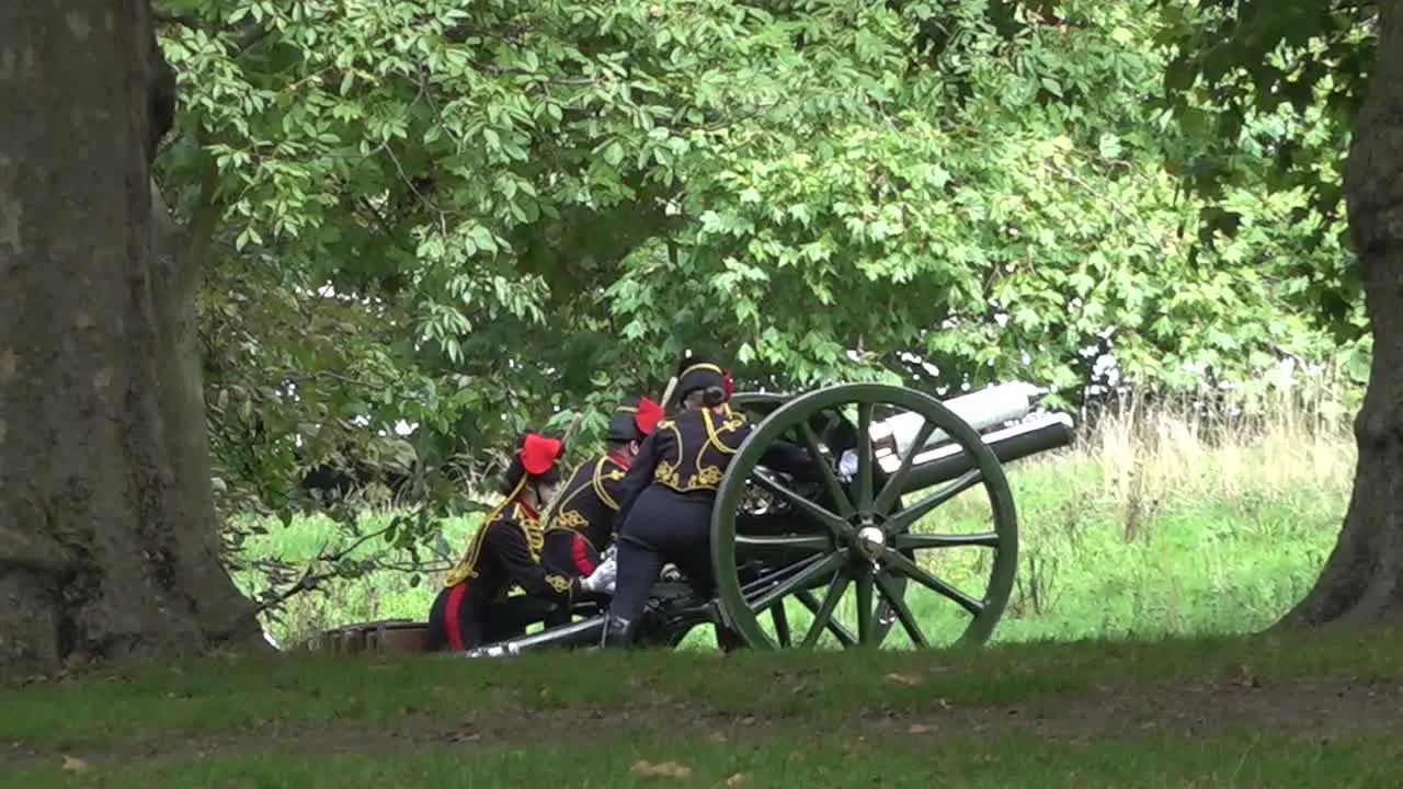 Members of the Household Cavalry fire canons to mark the passing of Queen Elizabeth II during the funeral proceedings in Hyde Park central London UK