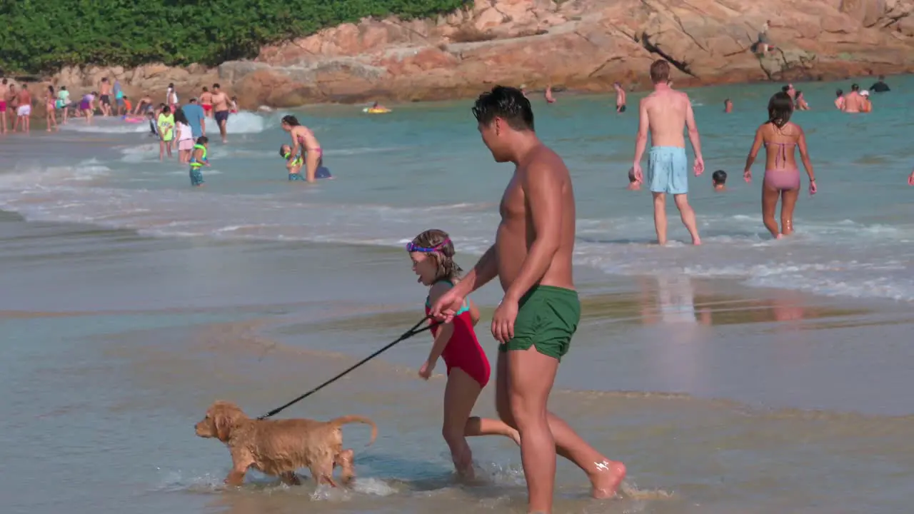 People enjoy the afternoon at the Repulse Bay beach with their dog pets in Hong Kong as public beaches reopening after months of closure amid coronavirus outbreak to the public