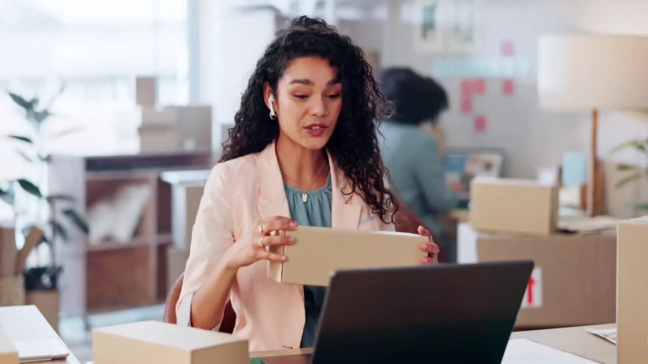 Laptop small business and woman on video call