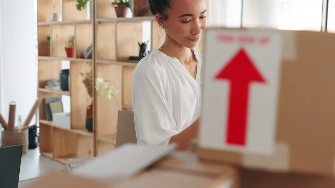 Phone delivery and designer woman with boxes