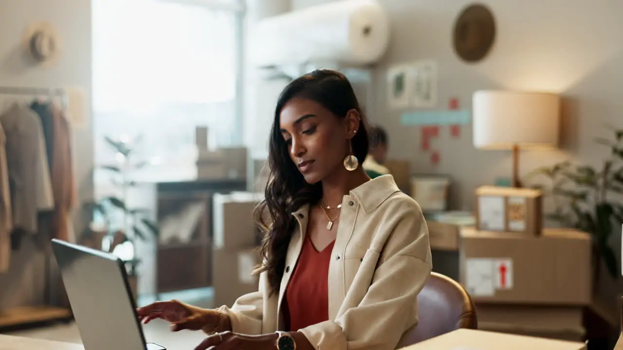 Small business phone and woman with laptop