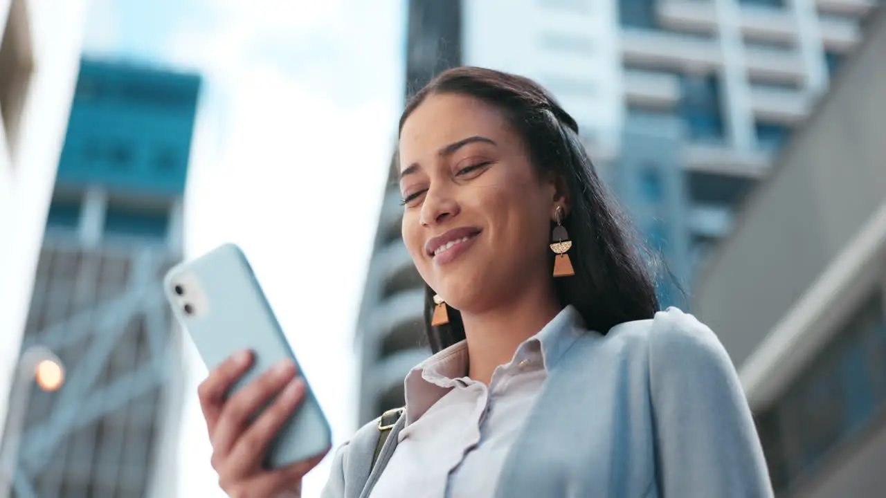 Phone city and business woman chatting