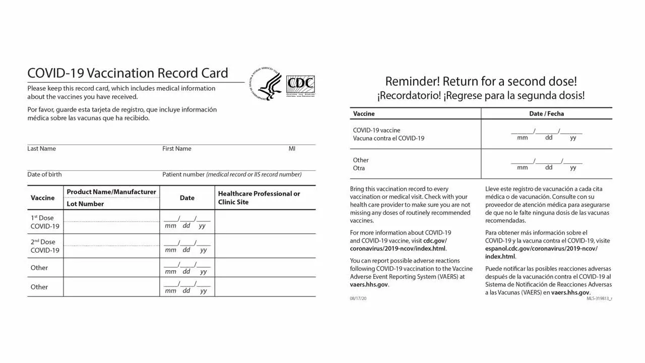 COVID-19 Vaccination record card by CDC Example card