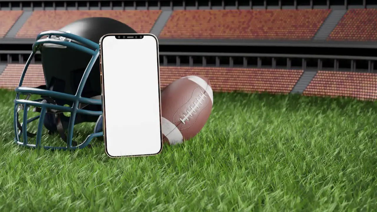 Smartphone with white screen in front of American football and helmet on green field 3D render tilt up animation