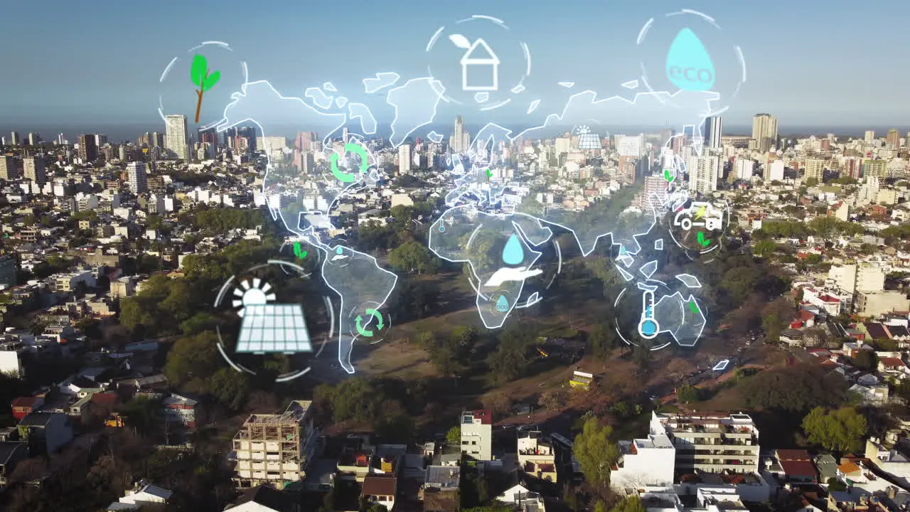 Aerial of green planet concept with digital hologram symbols over rural park and city skyline in background Eco-Friendly Solar Panels Renewable energy recycling climate change and global warming -4K