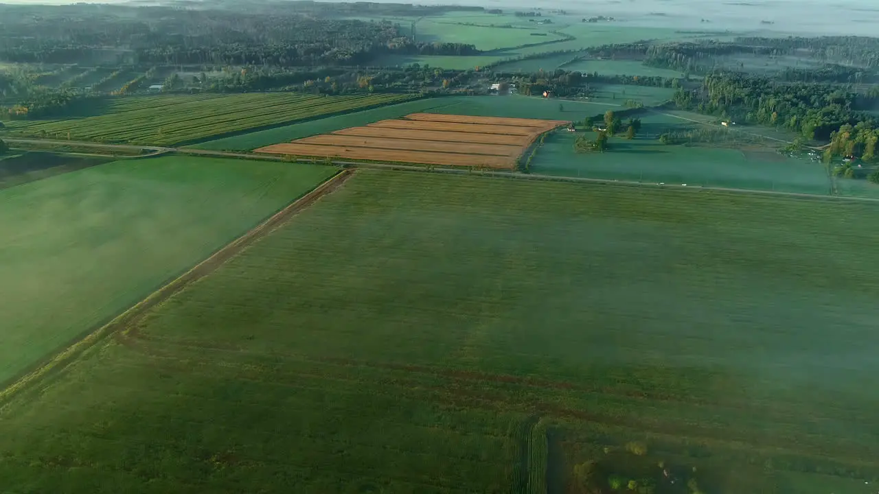 Aerial wide view of vast Agricultural Fields With Organic Crops shrouded in morning fog