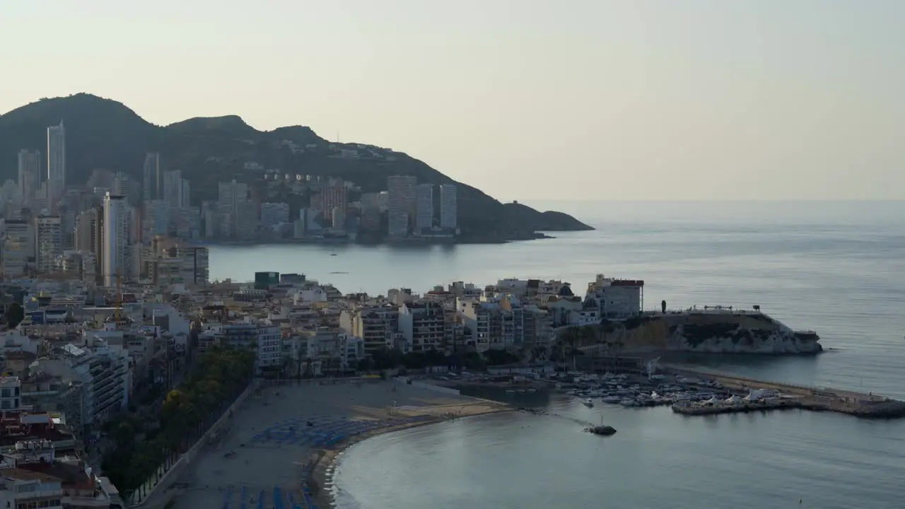 Mediterranean early morning Benidorm beach and coastline from above 4K