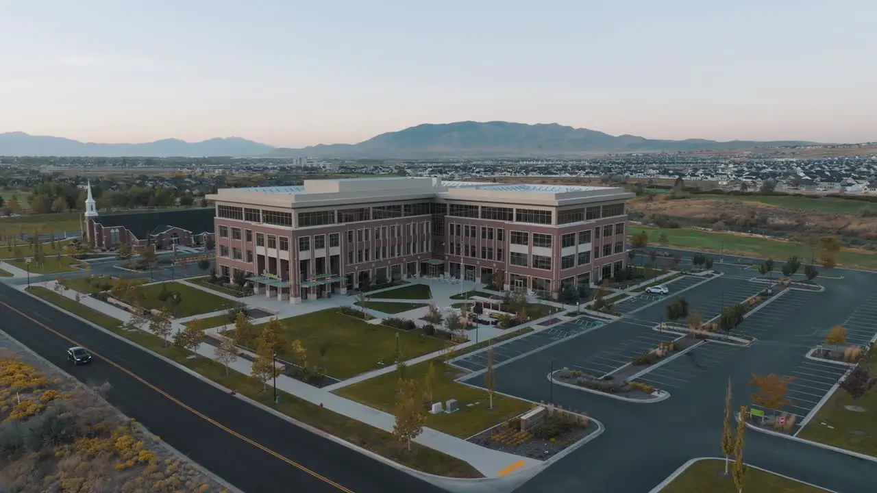 FamilySearch center building in Lehi Utah aerial flyover