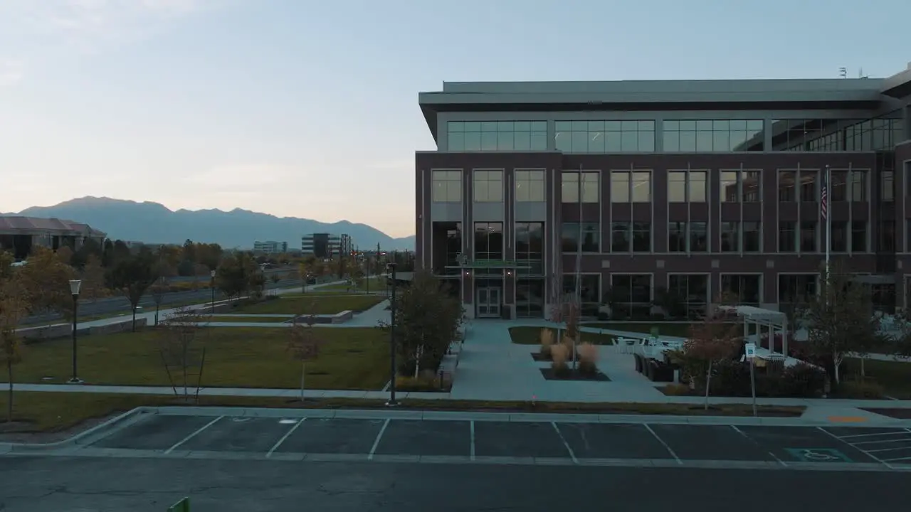 FamilySearch building entrance in Lehi Utah push in aerial