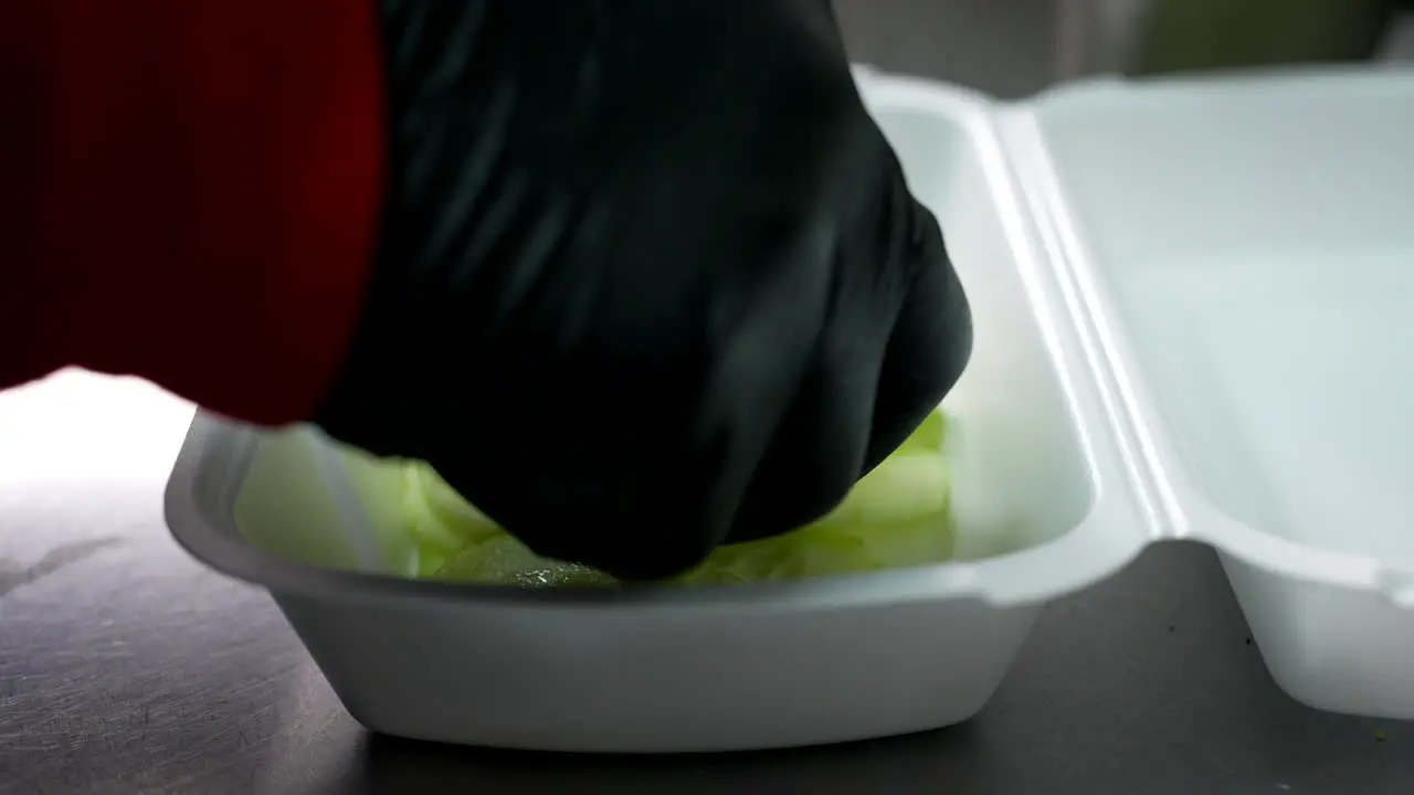 Placing cucumber slices in a take out plate side view food truck series