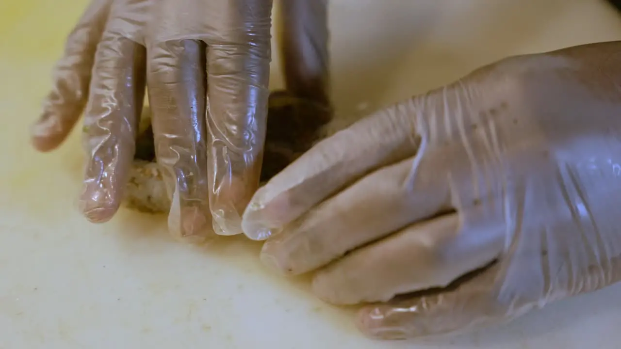 Person Wearing Gloves Placing Fresh Sushi Slices Side By Side