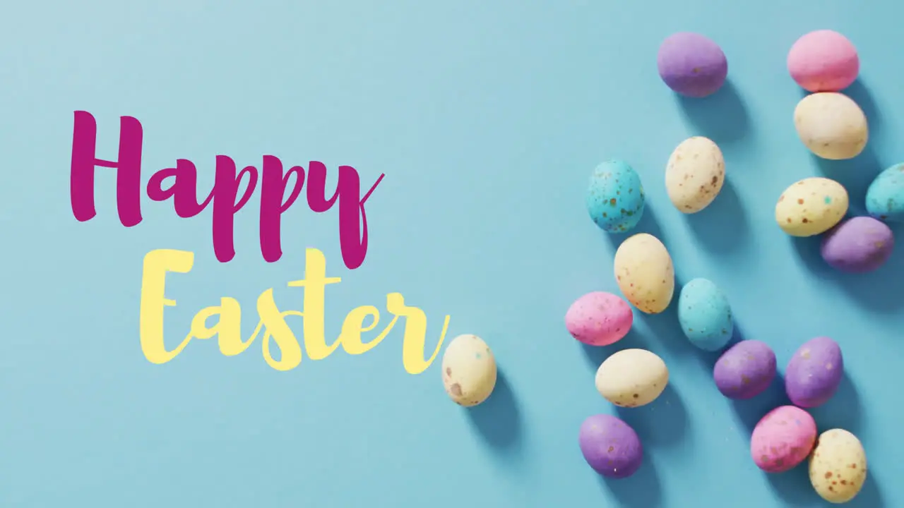 Animation of happy easter text over easter eggs