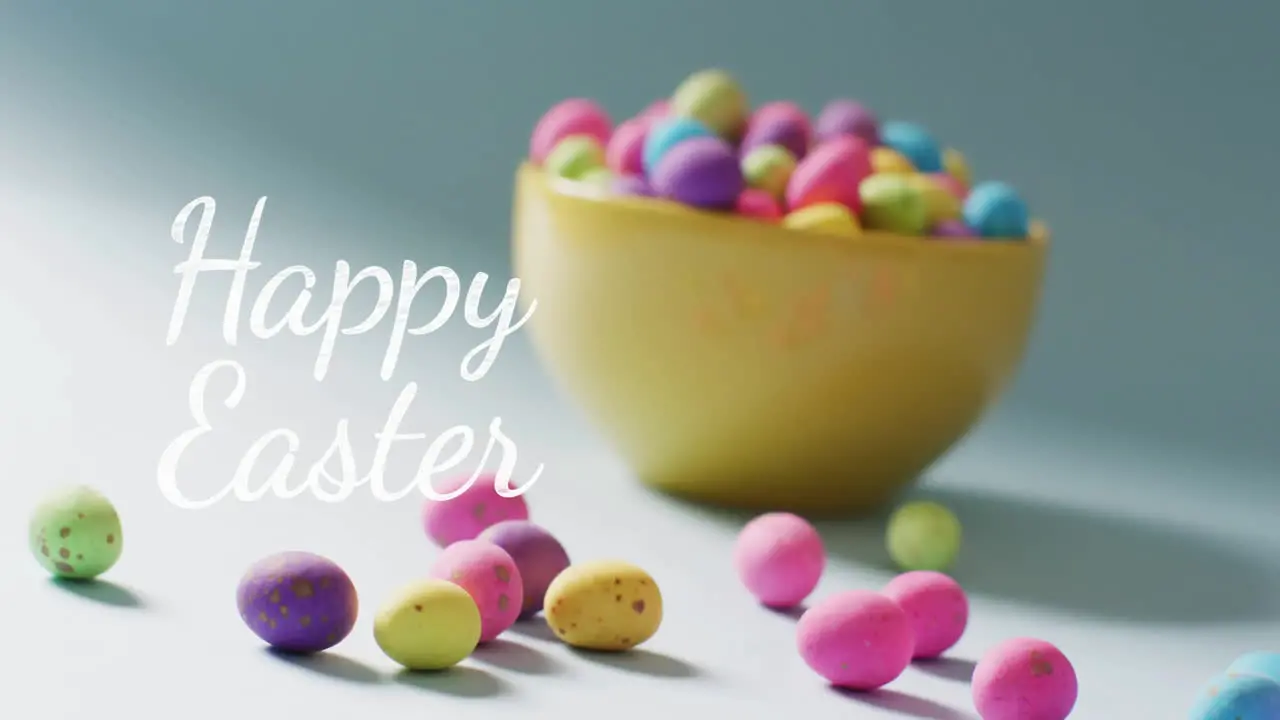 Animation of happy easter text over colourful easter eggs in bowl on blue background