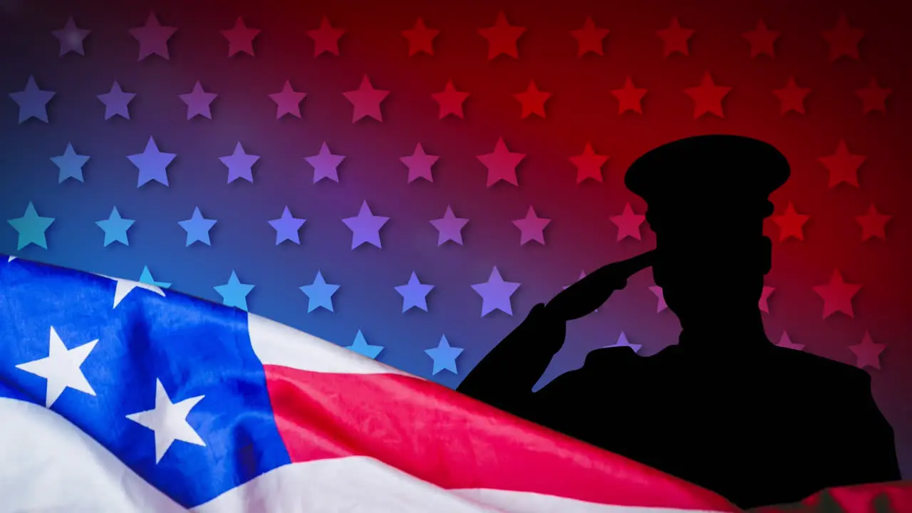 Animation of american flag over silhouette of saluting soldier over white stars