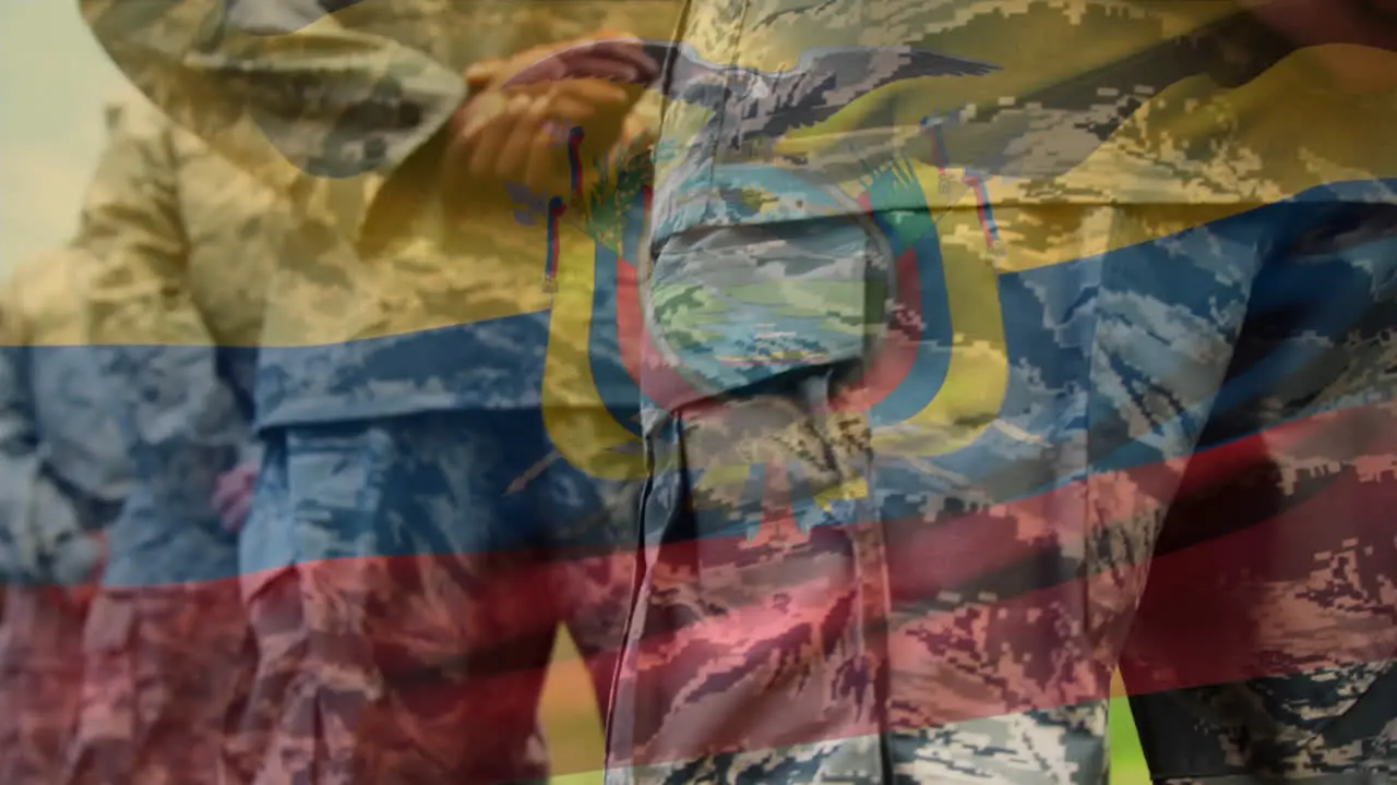 Animation of flag of equador waving over midsection of group of soldiers