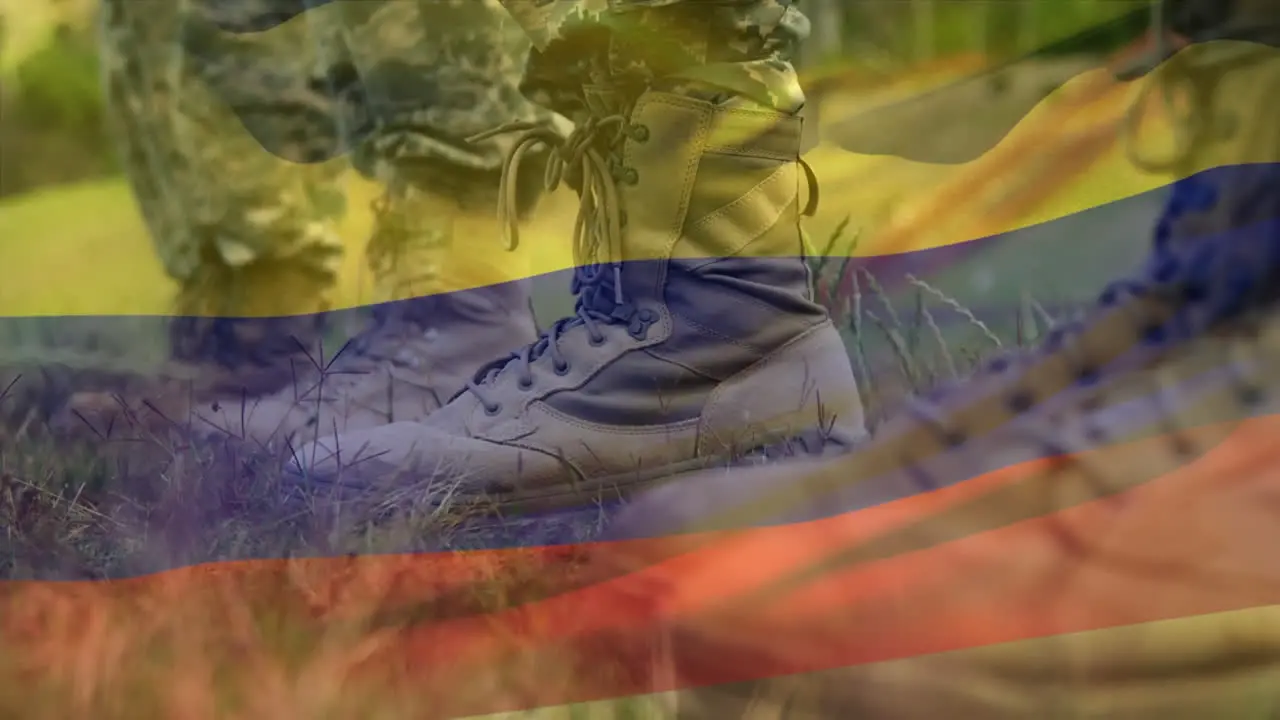 Animation of flag of kolumbia waving over soldiers boots