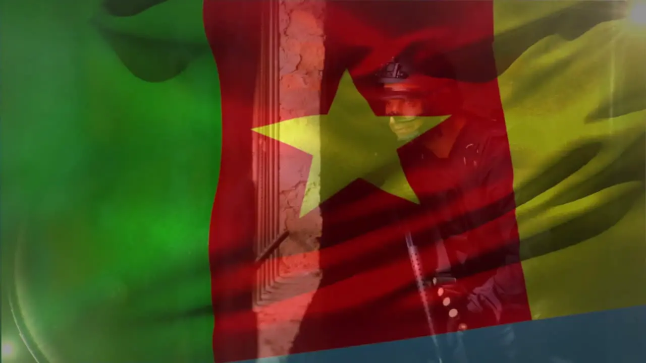 Animation of flag of cameroon over caucasian male soldier holding weapon and hiding