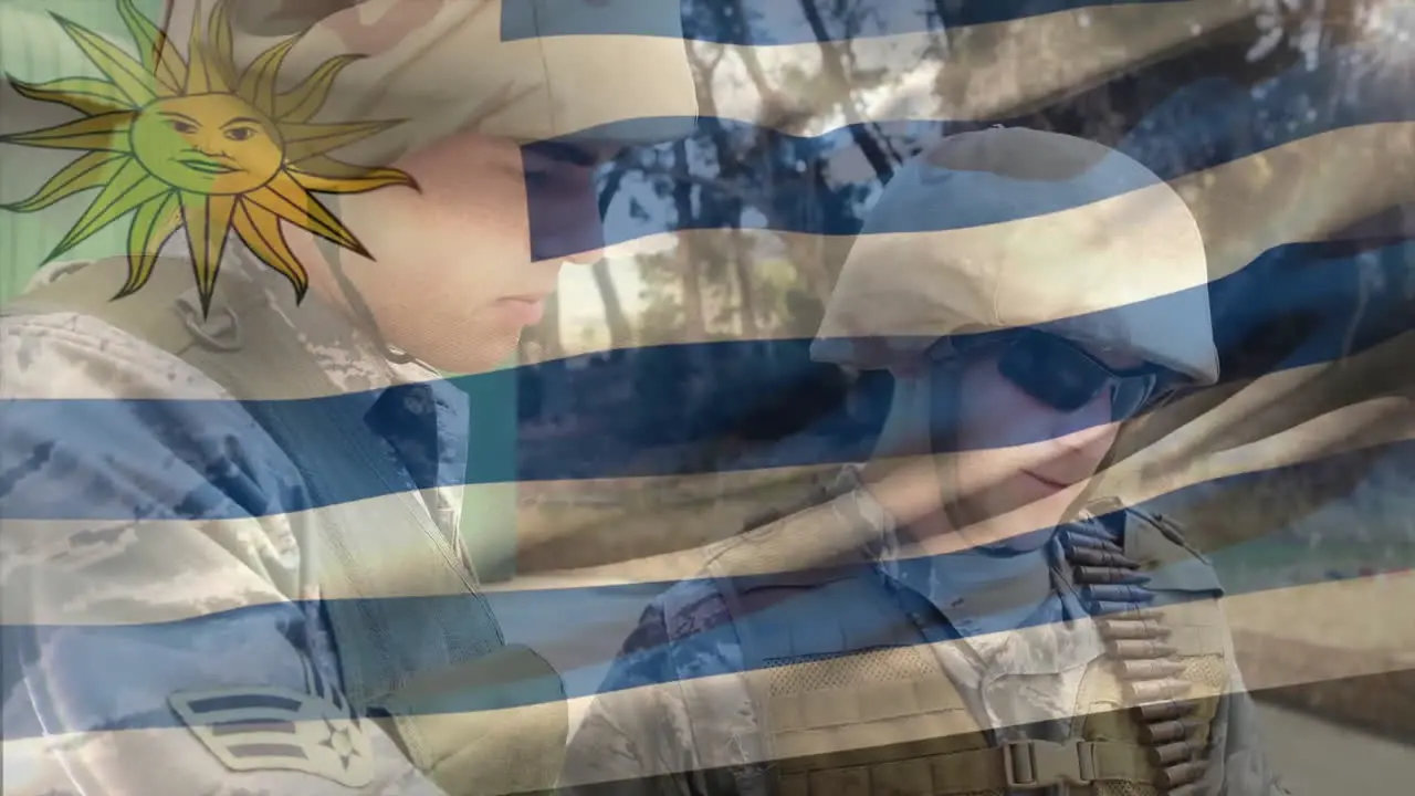 Animation of flag of uruguay over caucasian male soldiers planning strategy