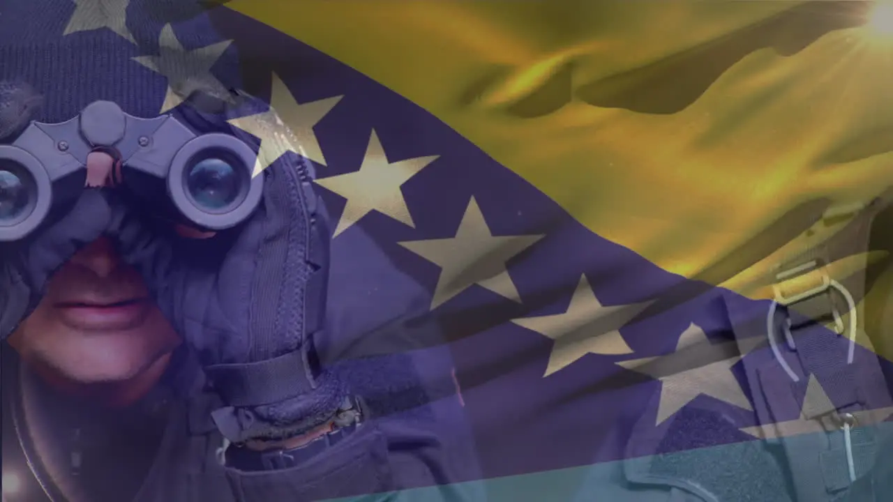 Animation of flag of bosnia and herzegovina over diverse soldier looking through binoculars