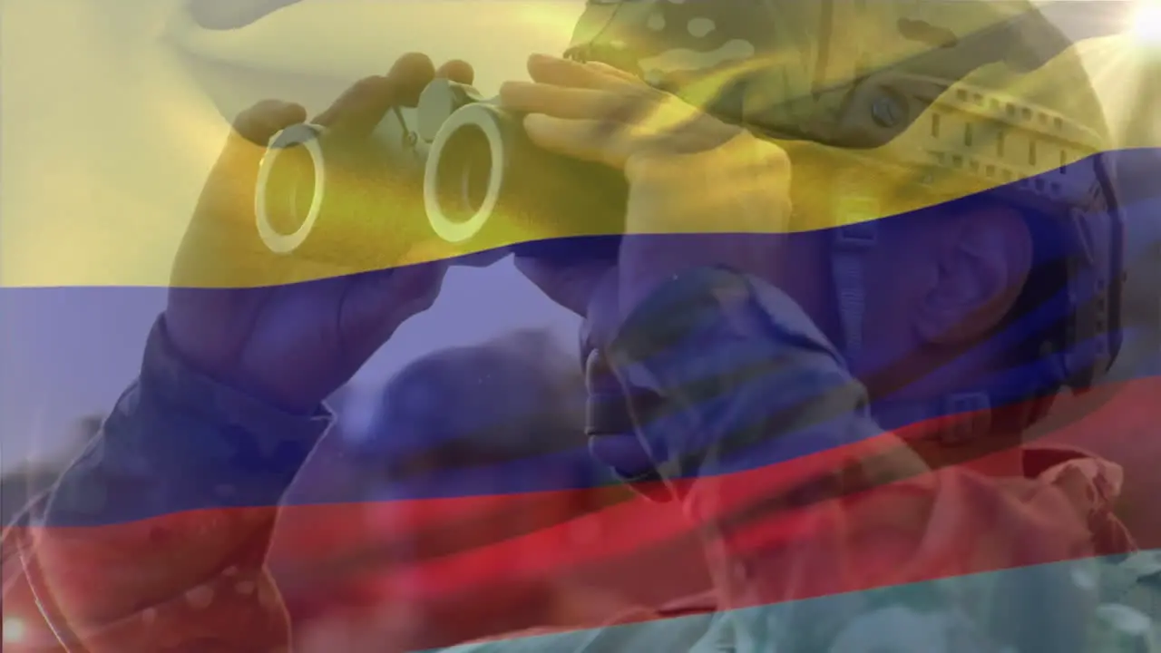 Animation of flag of colombia waving over caucasian soldier looking through binocular