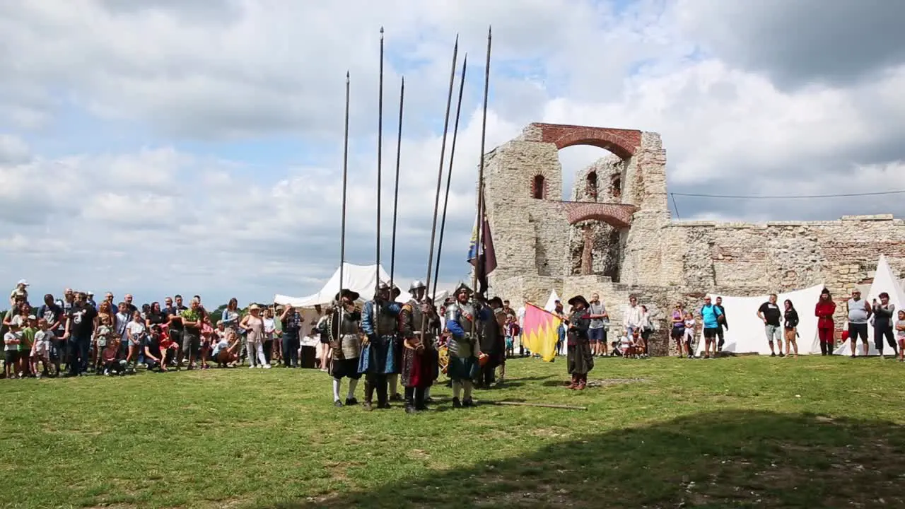 17th century pikemen reenactment during living history festival in Tenczyn Castle Poland