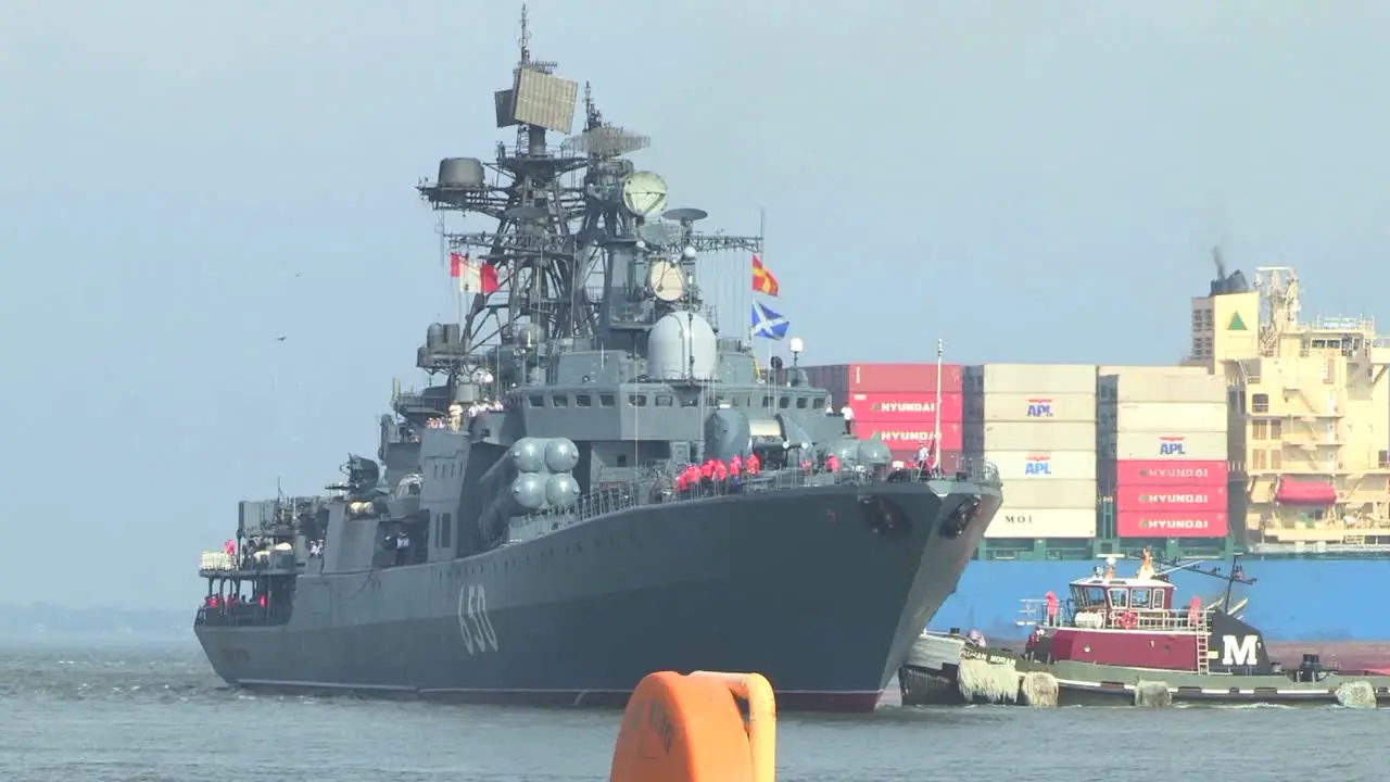 A Russian Navy Vessel Sails Into Port