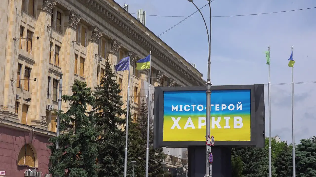 A Billboard In Kharkiv Central Square Depicts The City As A Hero City In Ukraine After It Was Bombed Heavily By Russian Invaders