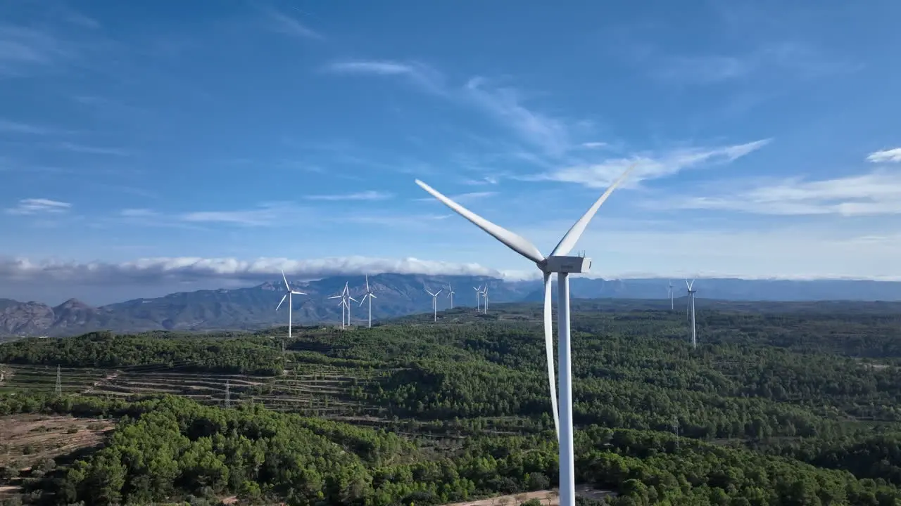 Amazing wind turbine farm in a mountainous forest