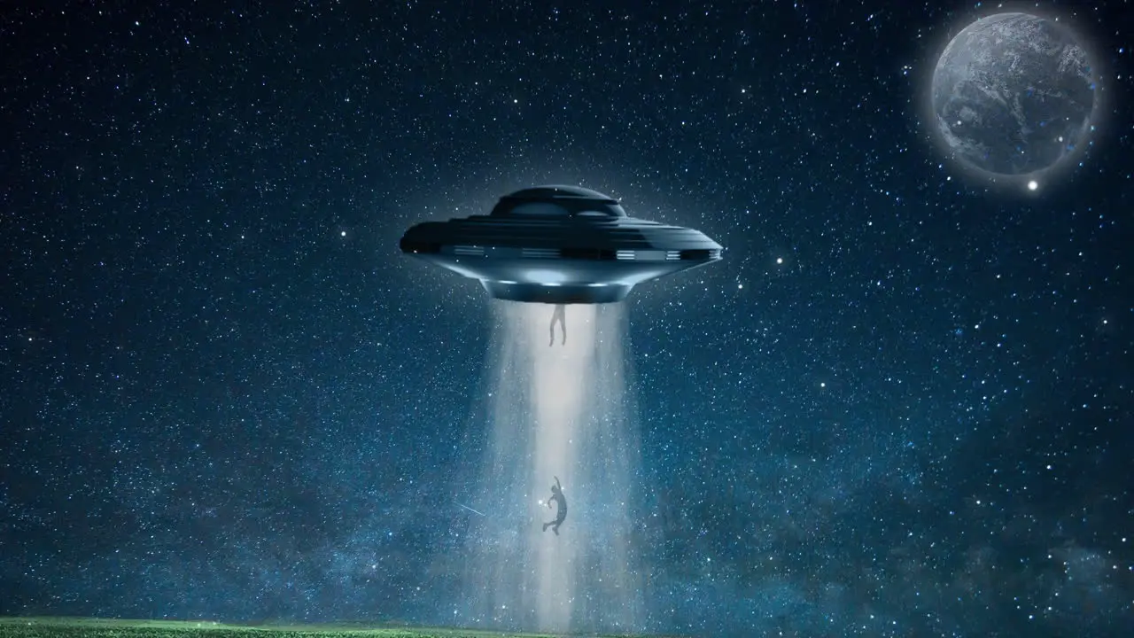 A video of alien spaceship abducting humans with camera zooming in with a fly by effect