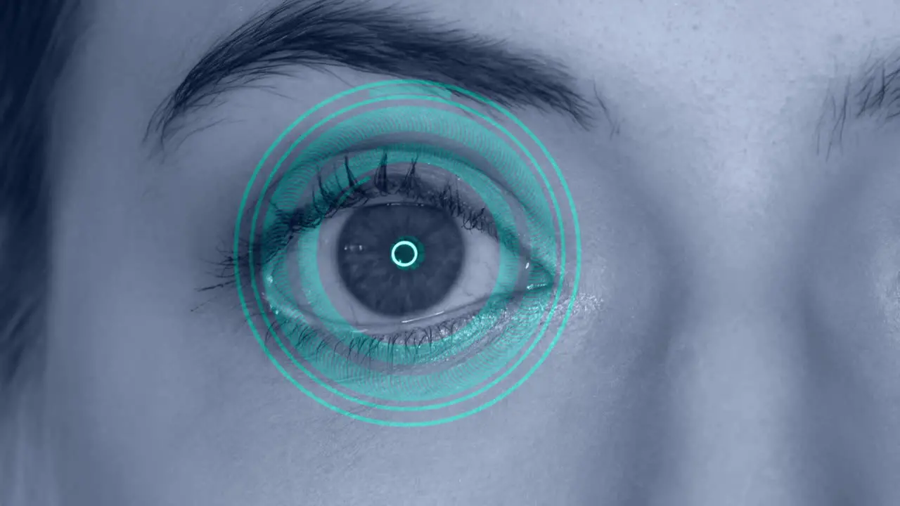 Woman eye with face recognition technology and HUD around eye