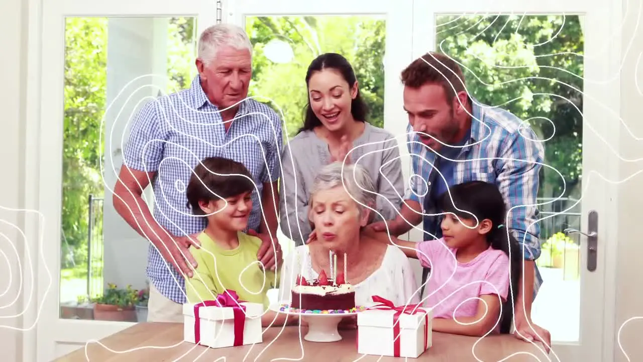 Animation of line map over family having fun at birthday party