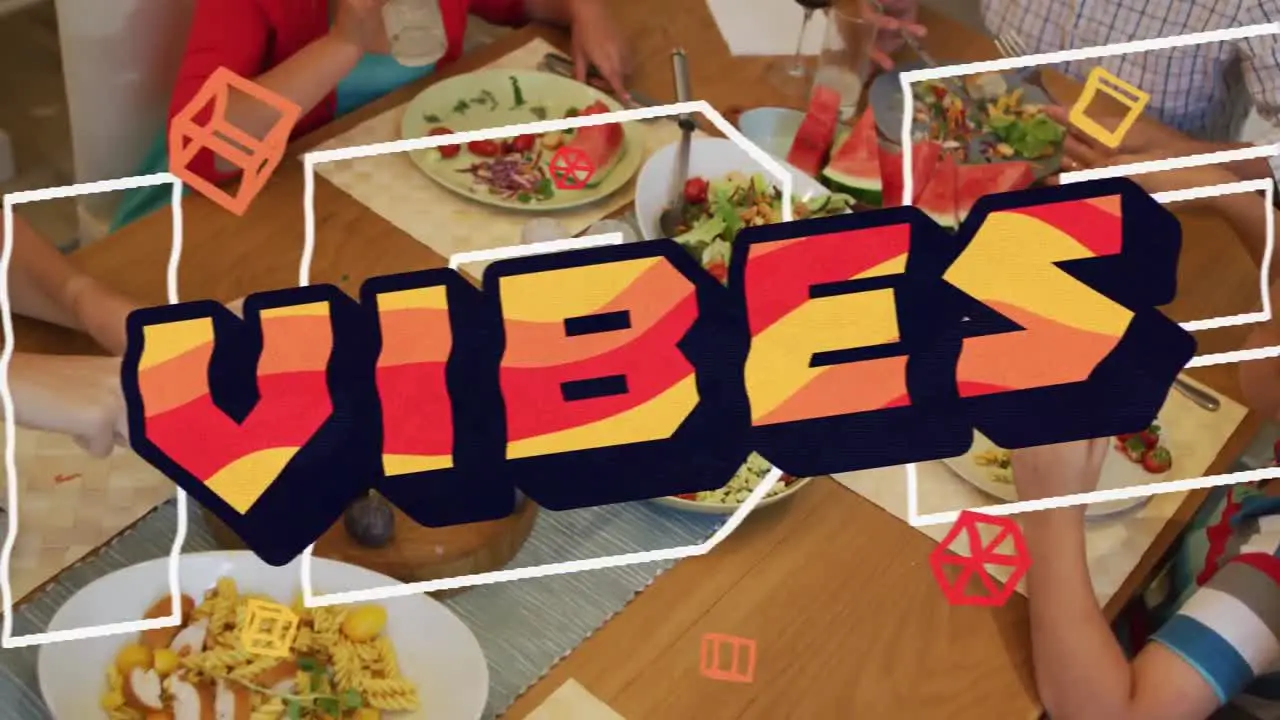 Animation of vibes text over caucasian family having dinner