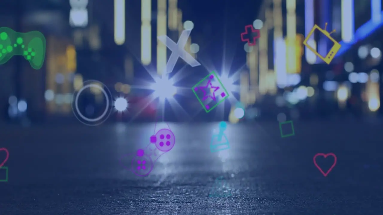 Animation of multiple video game icons floating against city traffic at night