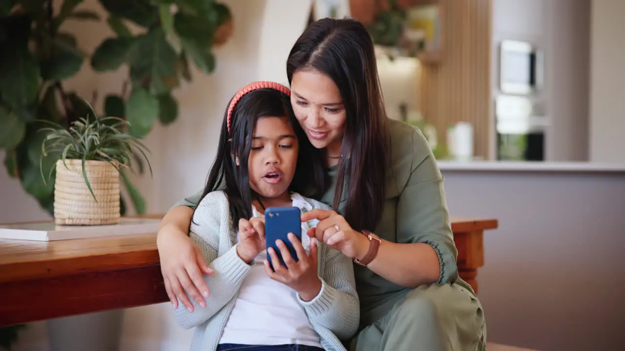 Mother child and cellphone talking for smile