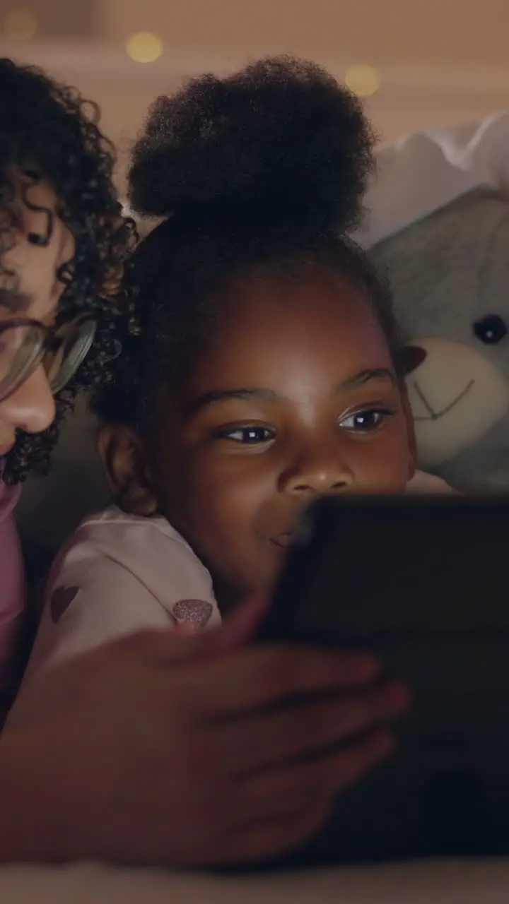 Night tablet and mother and daughter in a bed