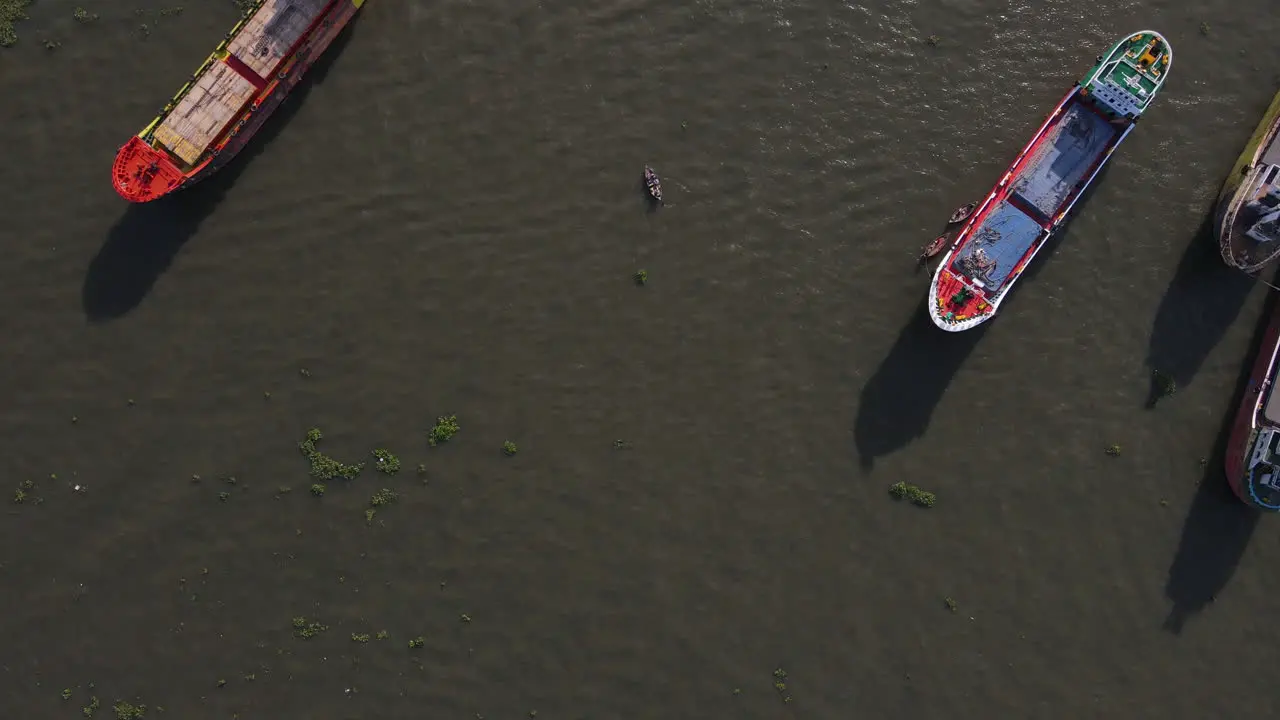 Aerial Larger Cargo Boats Docking At Sadar ghat River Port Dhaka Bangladesh