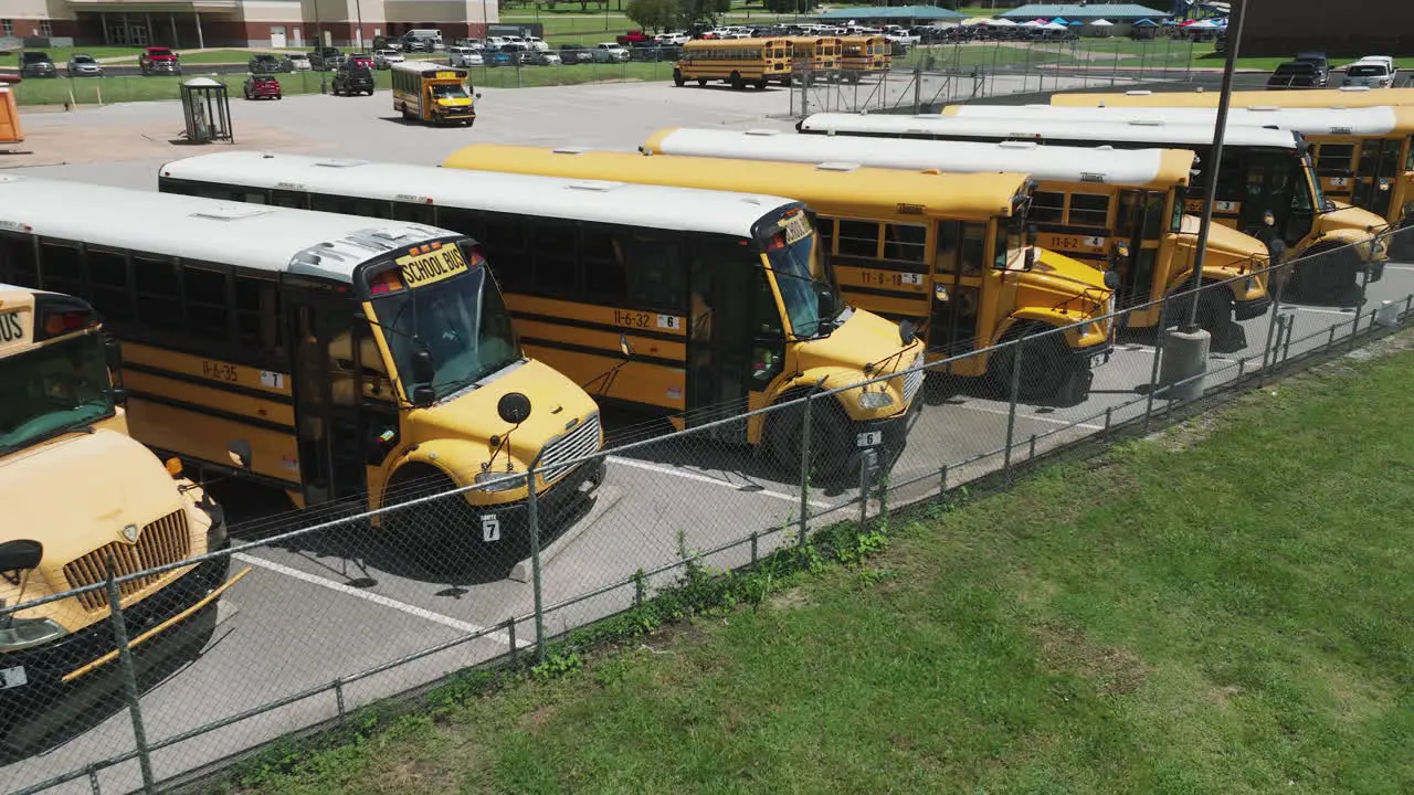 American Yellow School Buses In The Parking Lot On A Sunny Day