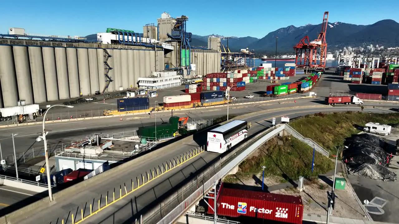 Container Truckings Driving Around GCT Vanterm Terminal In Vancouver BC Canada