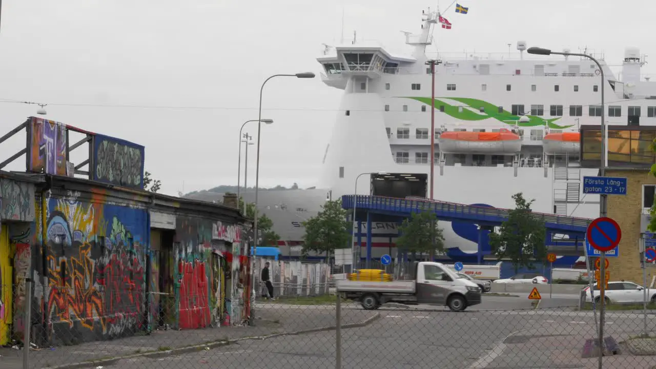 Ferry Of Stena Line Anchored At The Harbour Of Gothenburg In Sweden With City Road On Foreground