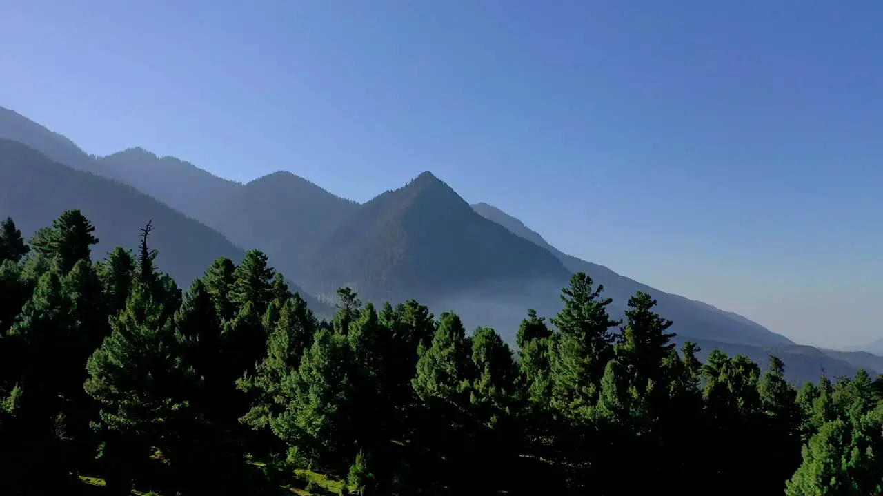 aerial drone view The drone camera is moving upwards showing a lot of big mountains and a lot of bushes