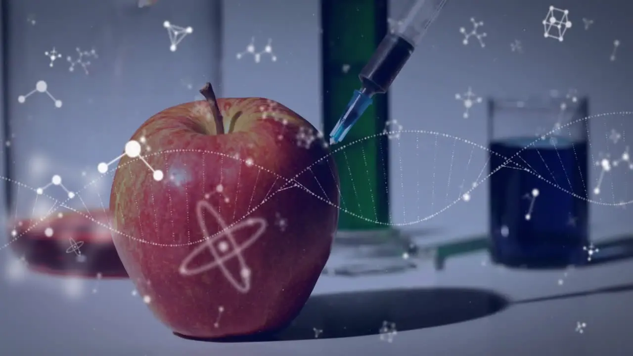 Animation of dna and element structures over syringe injecting apple in lab