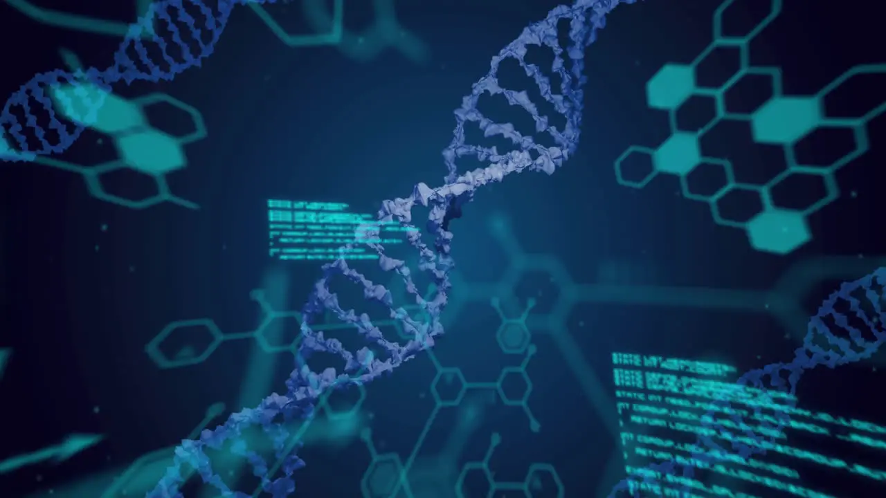 Animation of elements and data processing over dna strands on dark background