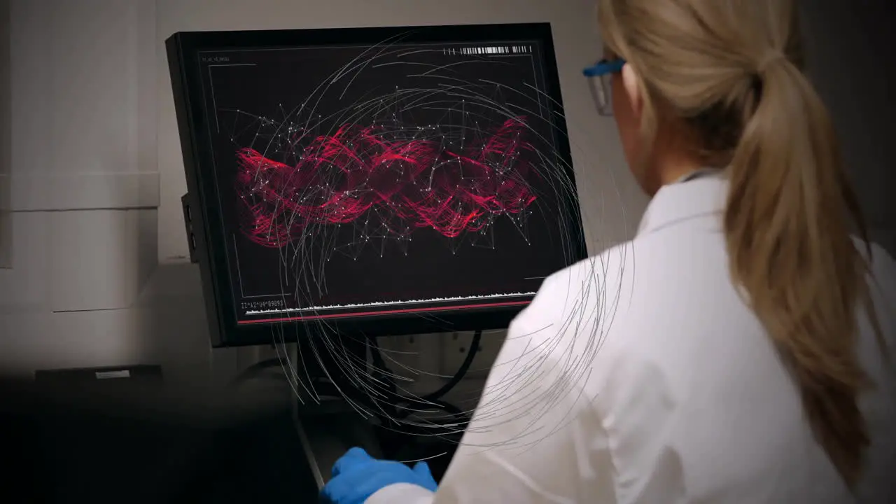 Animation of moving circles over caucasian female scientist working in lab