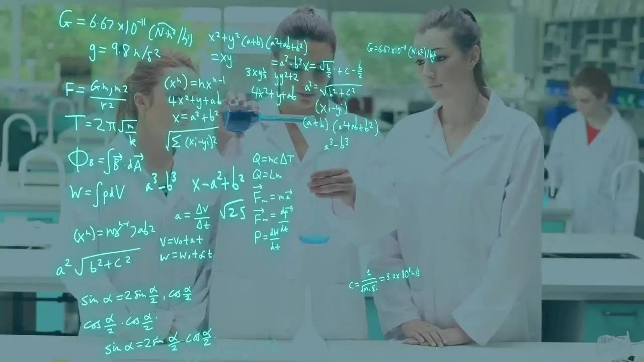 Animation of scientific data processing over caucasian scientists in laboratory