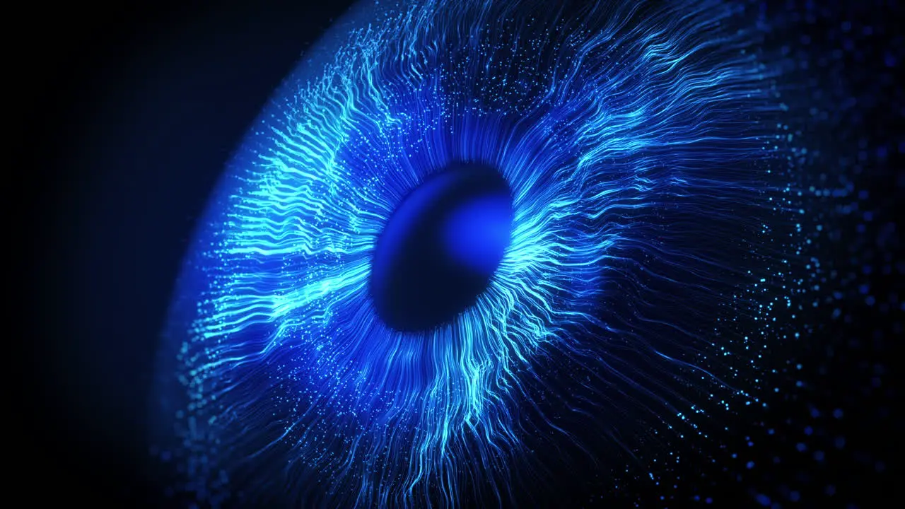 Abstract blue light explosion that expands in space forming a human eye