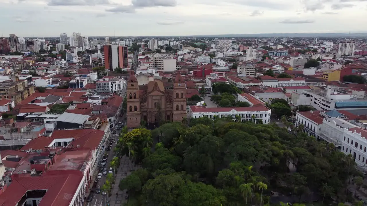 Flyover city park toward Santa Cruz Basilica in large Bolivian city