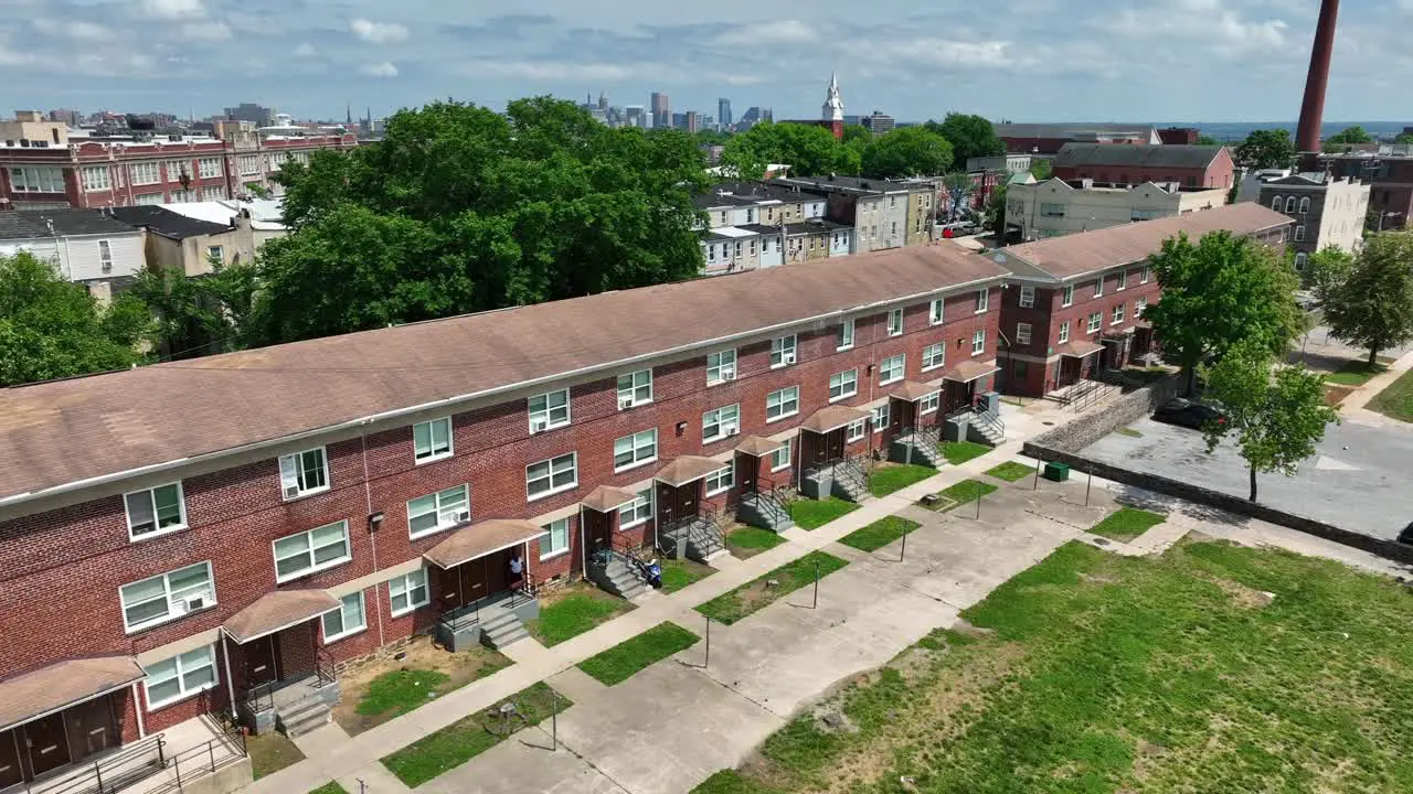 Red brick apartment building in urban America