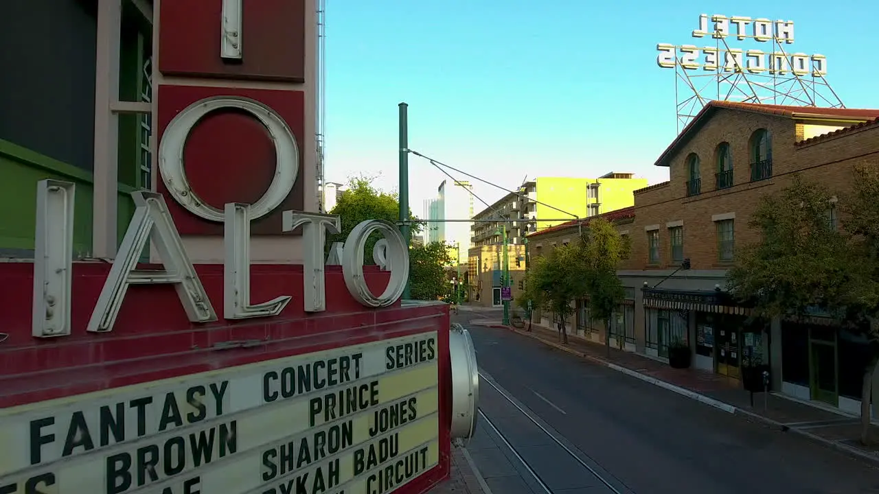 Rising drone shot of the Rialto theater then revealing downtown Tucson Arizona